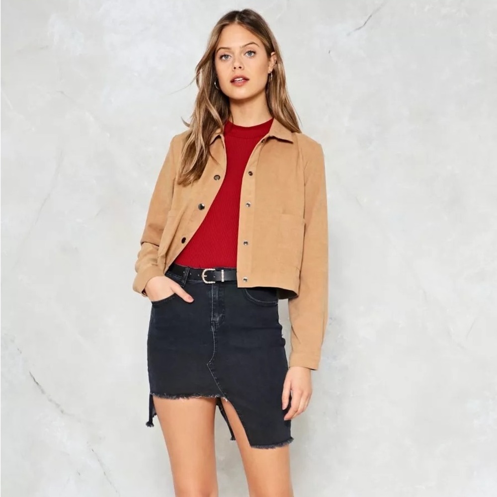 Nasty Gal Make a Snap Decision Faux Suede Shirt Tan Size US 2